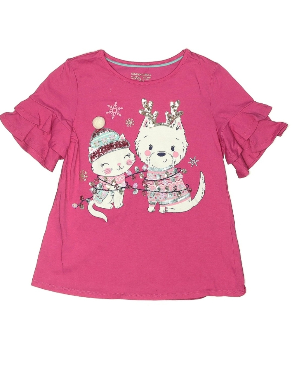 Cynthia Rowley Pink Ruffle Sleeve Cat & Pup Graphic Tee